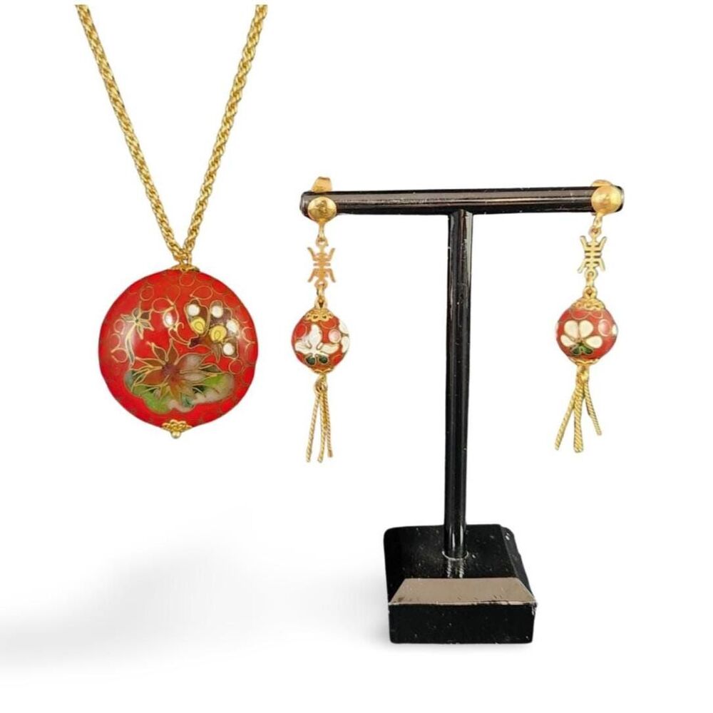 Cloisonne Red Pendant Necklace Earrings Set Vtg Lotus Flower Bird Long Chain